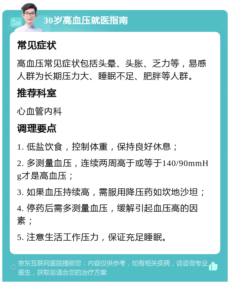 30岁高血压就医指南 常见症状 高血压常见症状包括头晕、头胀、乏力等，易感人群为长期压力大、睡眠不足、肥胖等人群。 推荐科室 心血管内科 调理要点 1. 低盐饮食，控制体重，保持良好休息； 2. 多测量血压，连续两周高于或等于140/90mmHg才是高血压； 3. 如果血压持续高，需服用降压药如坎地沙坦； 4. 停药后需多测量血压，缓解引起血压高的因素； 5. 注意生活工作压力，保证充足睡眠。