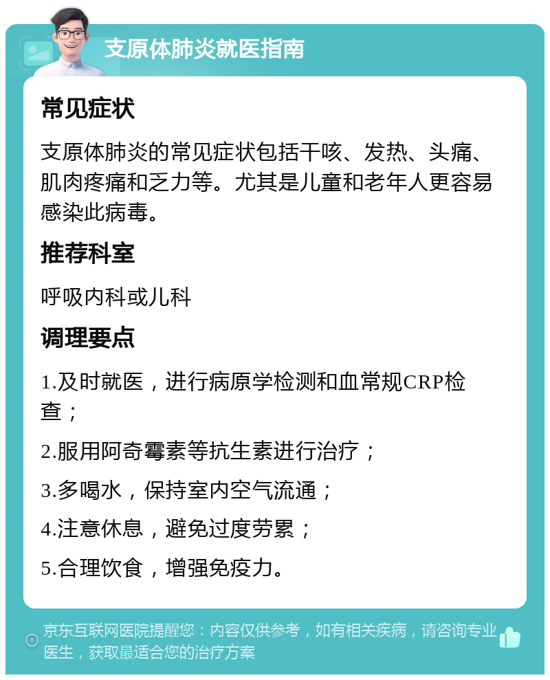 支原体肺炎就医指南 常见症状 支原体肺炎的常见症状包括干咳、发热、头痛、肌肉疼痛和乏力等。尤其是儿童和老年人更容易感染此病毒。 推荐科室 呼吸内科或儿科 调理要点 1.及时就医，进行病原学检测和血常规CRP检查； 2.服用阿奇霉素等抗生素进行治疗； 3.多喝水，保持室内空气流通； 4.注意休息，避免过度劳累； 5.合理饮食，增强免疫力。