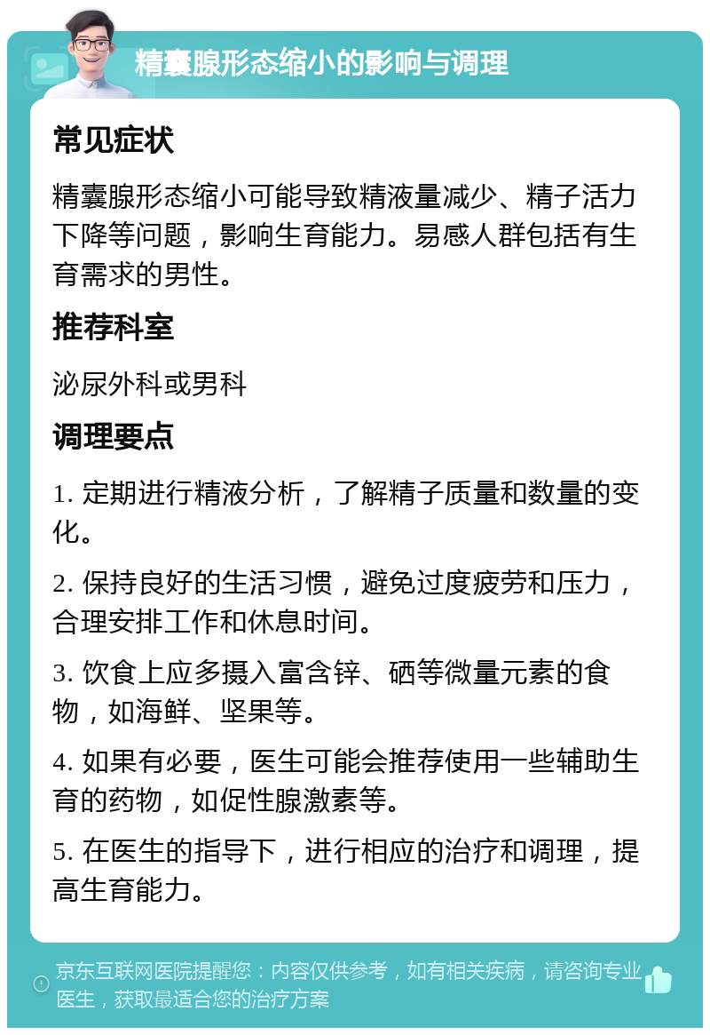 精囊腺形态缩小的影响与调理 常见症状 精囊腺形态缩小可能导致精液量减少、精子活力下降等问题，影响生育能力。易感人群包括有生育需求的男性。 推荐科室 泌尿外科或男科 调理要点 1. 定期进行精液分析，了解精子质量和数量的变化。 2. 保持良好的生活习惯，避免过度疲劳和压力，合理安排工作和休息时间。 3. 饮食上应多摄入富含锌、硒等微量元素的食物，如海鲜、坚果等。 4. 如果有必要，医生可能会推荐使用一些辅助生育的药物，如促性腺激素等。 5. 在医生的指导下，进行相应的治疗和调理，提高生育能力。