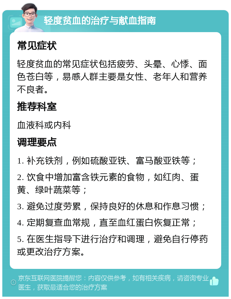 轻度贫血的治疗与献血指南 常见症状 轻度贫血的常见症状包括疲劳、头晕、心悸、面色苍白等，易感人群主要是女性、老年人和营养不良者。 推荐科室 血液科或内科 调理要点 1. 补充铁剂，例如硫酸亚铁、富马酸亚铁等； 2. 饮食中增加富含铁元素的食物，如红肉、蛋黄、绿叶蔬菜等； 3. 避免过度劳累，保持良好的休息和作息习惯； 4. 定期复查血常规，直至血红蛋白恢复正常； 5. 在医生指导下进行治疗和调理，避免自行停药或更改治疗方案。