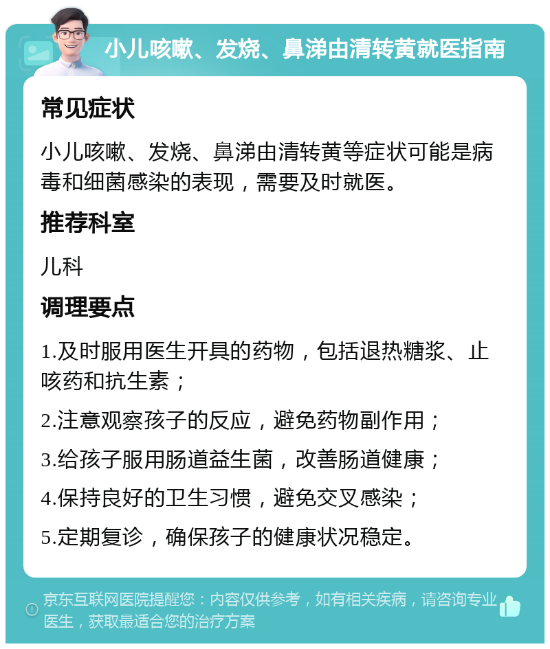 小儿咳嗽、发烧、鼻涕由清转黄就医指南 常见症状 小儿咳嗽、发烧、鼻涕由清转黄等症状可能是病毒和细菌感染的表现，需要及时就医。 推荐科室 儿科 调理要点 1.及时服用医生开具的药物，包括退热糖浆、止咳药和抗生素； 2.注意观察孩子的反应，避免药物副作用； 3.给孩子服用肠道益生菌，改善肠道健康； 4.保持良好的卫生习惯，避免交叉感染； 5.定期复诊，确保孩子的健康状况稳定。