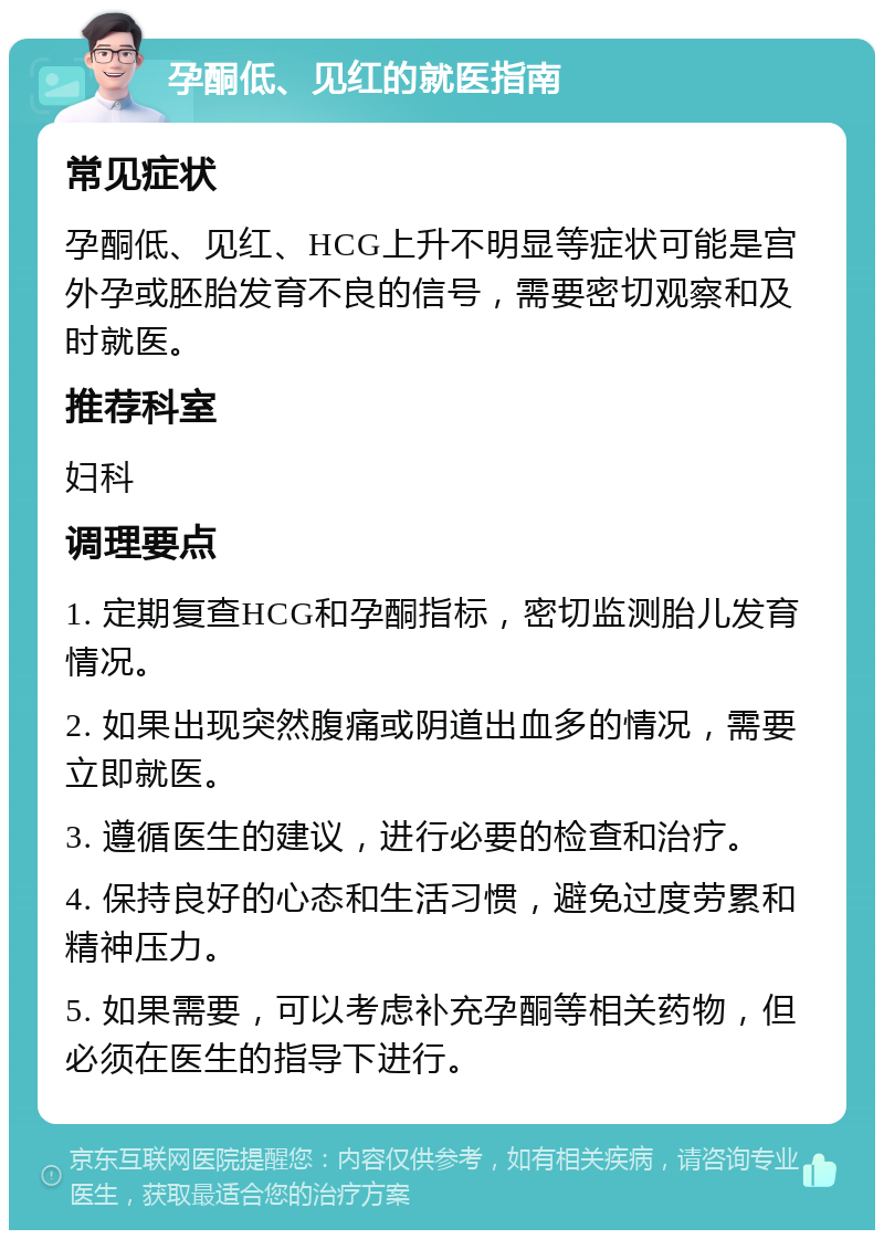 孕酮低、见红的就医指南 常见症状 孕酮低、见红、HCG上升不明显等症状可能是宫外孕或胚胎发育不良的信号，需要密切观察和及时就医。 推荐科室 妇科 调理要点 1. 定期复查HCG和孕酮指标，密切监测胎儿发育情况。 2. 如果出现突然腹痛或阴道出血多的情况，需要立即就医。 3. 遵循医生的建议，进行必要的检查和治疗。 4. 保持良好的心态和生活习惯，避免过度劳累和精神压力。 5. 如果需要，可以考虑补充孕酮等相关药物，但必须在医生的指导下进行。