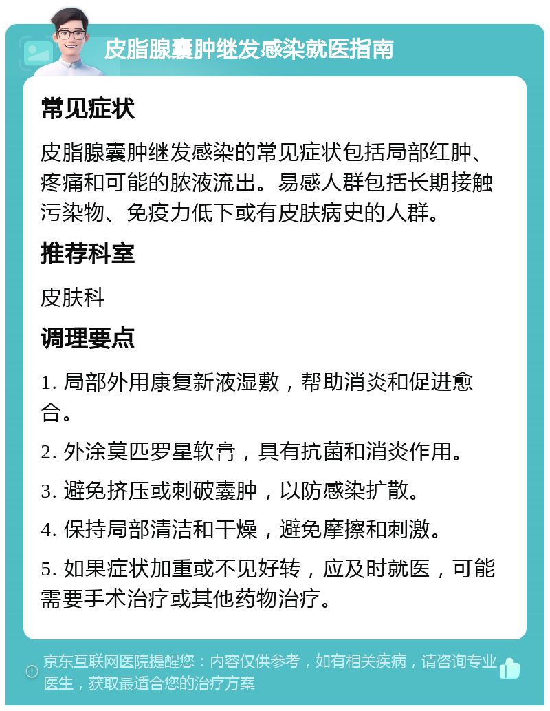 皮脂腺囊肿继发感染就医指南 常见症状 皮脂腺囊肿继发感染的常见症状包括局部红肿、疼痛和可能的脓液流出。易感人群包括长期接触污染物、免疫力低下或有皮肤病史的人群。 推荐科室 皮肤科 调理要点 1. 局部外用康复新液湿敷，帮助消炎和促进愈合。 2. 外涂莫匹罗星软膏，具有抗菌和消炎作用。 3. 避免挤压或刺破囊肿，以防感染扩散。 4. 保持局部清洁和干燥，避免摩擦和刺激。 5. 如果症状加重或不见好转，应及时就医，可能需要手术治疗或其他药物治疗。