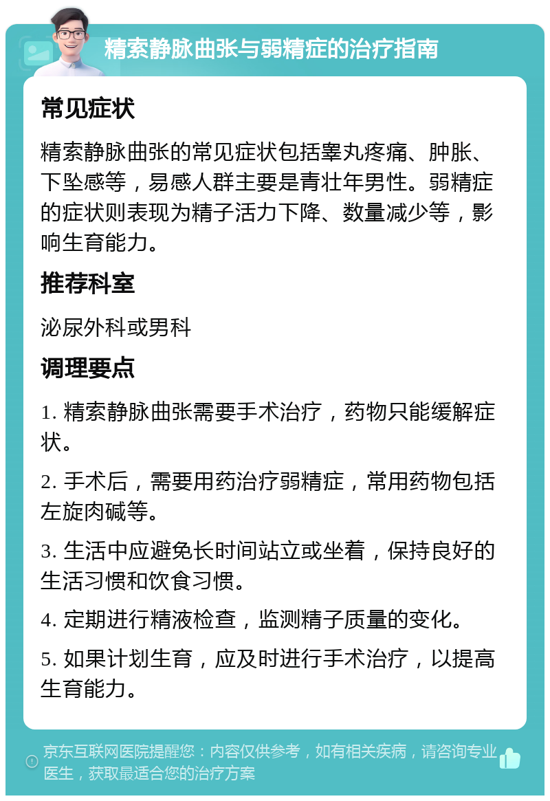 精索静脉曲张与弱精症的治疗指南 常见症状 精索静脉曲张的常见症状包括睾丸疼痛、肿胀、下坠感等，易感人群主要是青壮年男性。弱精症的症状则表现为精子活力下降、数量减少等，影响生育能力。 推荐科室 泌尿外科或男科 调理要点 1. 精索静脉曲张需要手术治疗，药物只能缓解症状。 2. 手术后，需要用药治疗弱精症，常用药物包括左旋肉碱等。 3. 生活中应避免长时间站立或坐着，保持良好的生活习惯和饮食习惯。 4. 定期进行精液检查，监测精子质量的变化。 5. 如果计划生育，应及时进行手术治疗，以提高生育能力。