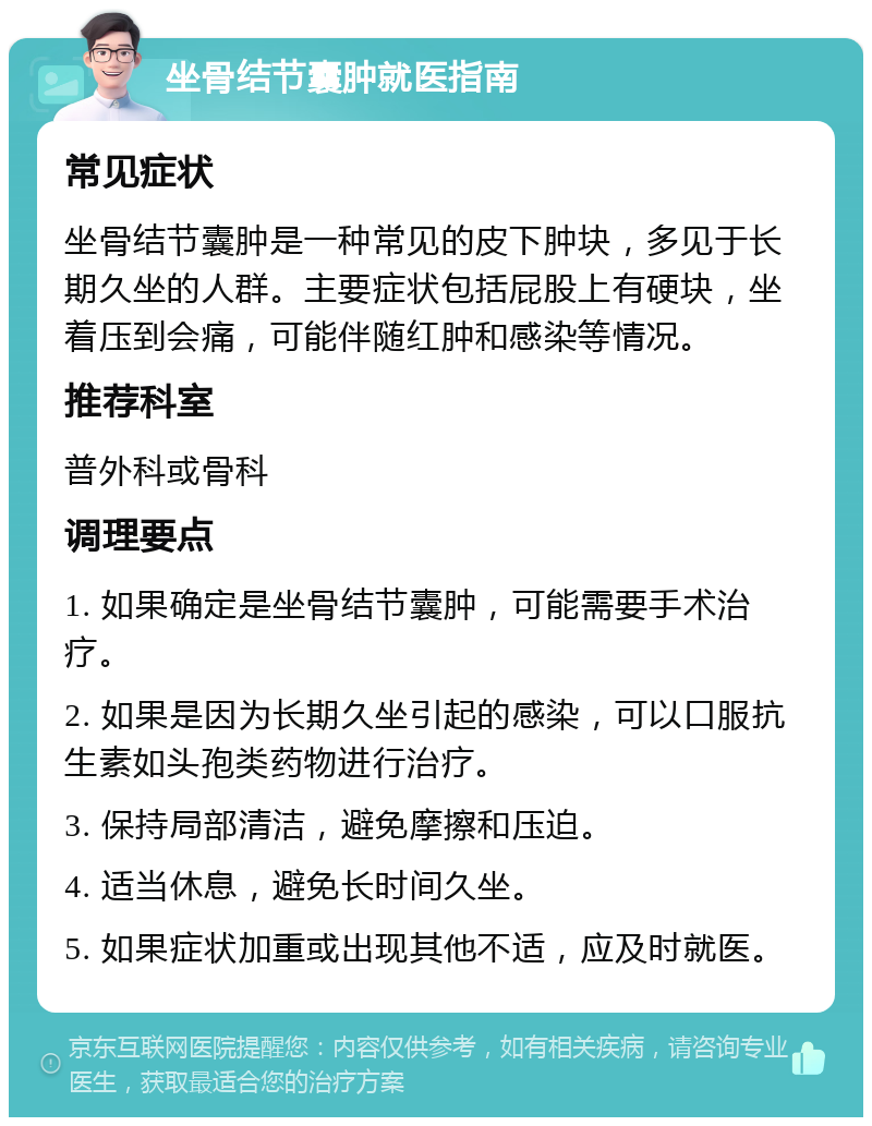 坐骨结节囊肿就医指南 常见症状 坐骨结节囊肿是一种常见的皮下肿块，多见于长期久坐的人群。主要症状包括屁股上有硬块，坐着压到会痛，可能伴随红肿和感染等情况。 推荐科室 普外科或骨科 调理要点 1. 如果确定是坐骨结节囊肿，可能需要手术治疗。 2. 如果是因为长期久坐引起的感染，可以口服抗生素如头孢类药物进行治疗。 3. 保持局部清洁，避免摩擦和压迫。 4. 适当休息，避免长时间久坐。 5. 如果症状加重或出现其他不适，应及时就医。