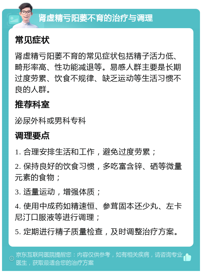 肾虚精亏阳萎不育的治疗与调理 常见症状 肾虚精亏阳萎不育的常见症状包括精子活力低、畸形率高、性功能减退等。易感人群主要是长期过度劳累、饮食不规律、缺乏运动等生活习惯不良的人群。 推荐科室 泌尿外科或男科专科 调理要点 1. 合理安排生活和工作，避免过度劳累； 2. 保持良好的饮食习惯，多吃富含锌、硒等微量元素的食物； 3. 适量运动，增强体质； 4. 使用中成药如精速恒、参茸固本还少丸、左卡尼汀口服液等进行调理； 5. 定期进行精子质量检查，及时调整治疗方案。