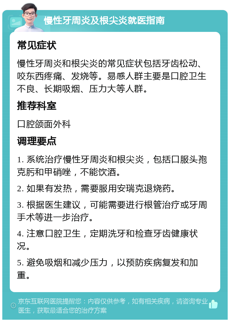 慢性牙周炎及根尖炎就医指南 常见症状 慢性牙周炎和根尖炎的常见症状包括牙齿松动、咬东西疼痛、发烧等。易感人群主要是口腔卫生不良、长期吸烟、压力大等人群。 推荐科室 口腔颌面外科 调理要点 1. 系统治疗慢性牙周炎和根尖炎，包括口服头孢克肟和甲硝唑，不能饮酒。 2. 如果有发热，需要服用安瑞克退烧药。 3. 根据医生建议，可能需要进行根管治疗或牙周手术等进一步治疗。 4. 注意口腔卫生，定期洗牙和检查牙齿健康状况。 5. 避免吸烟和减少压力，以预防疾病复发和加重。