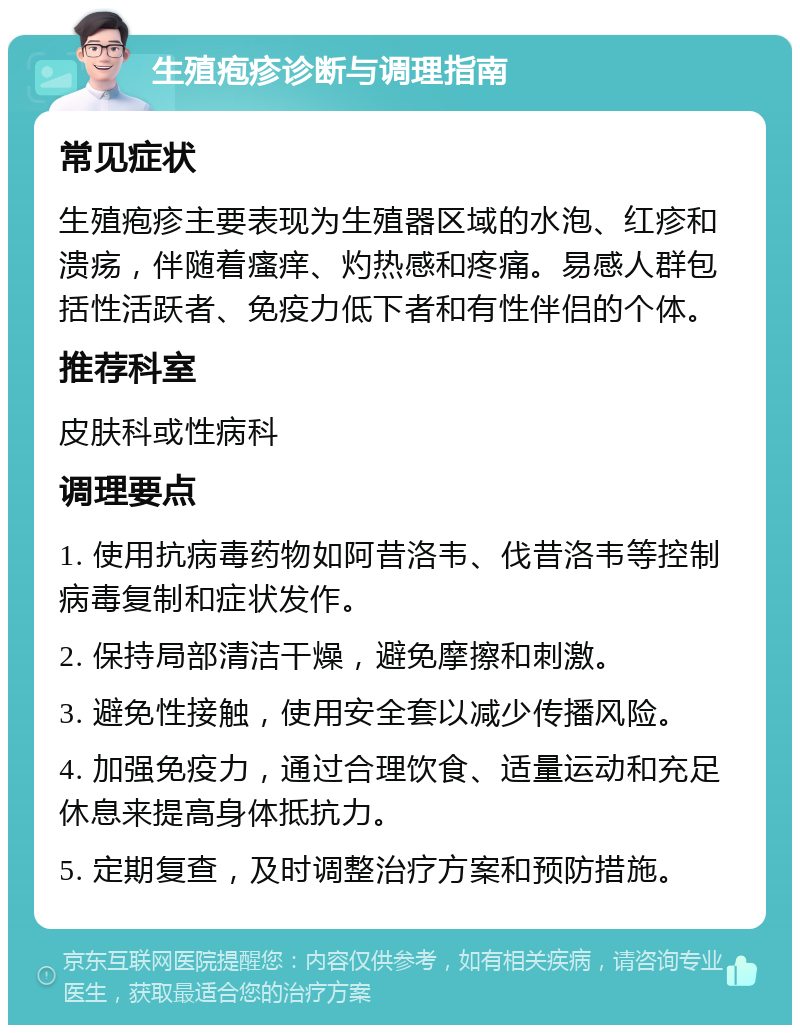 生殖疱疹诊断与调理指南 常见症状 生殖疱疹主要表现为生殖器区域的水泡、红疹和溃疡，伴随着瘙痒、灼热感和疼痛。易感人群包括性活跃者、免疫力低下者和有性伴侣的个体。 推荐科室 皮肤科或性病科 调理要点 1. 使用抗病毒药物如阿昔洛韦、伐昔洛韦等控制病毒复制和症状发作。 2. 保持局部清洁干燥，避免摩擦和刺激。 3. 避免性接触，使用安全套以减少传播风险。 4. 加强免疫力，通过合理饮食、适量运动和充足休息来提高身体抵抗力。 5. 定期复查，及时调整治疗方案和预防措施。