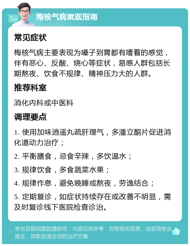 梅核气病就医指南 常见症状 梅核气病主要表现为嗓子到胃都有噎着的感觉，伴有恶心、反酸、烧心等症状，易感人群包括长期熬夜、饮食不规律、精神压力大的人群。 推荐科室 消化内科或中医科 调理要点 1. 使用加味逍遥丸疏肝理气，多潘立酮片促进消化道动力治疗； 2. 平衡膳食，忌食辛辣，多饮温水； 3. 规律饮食，多食蔬菜水果； 4. 规律作息，避免晚睡或熬夜，劳逸结合； 5. 定期复诊，如症状持续存在或改善不明显，需及时复诊线下医院检查诊治。