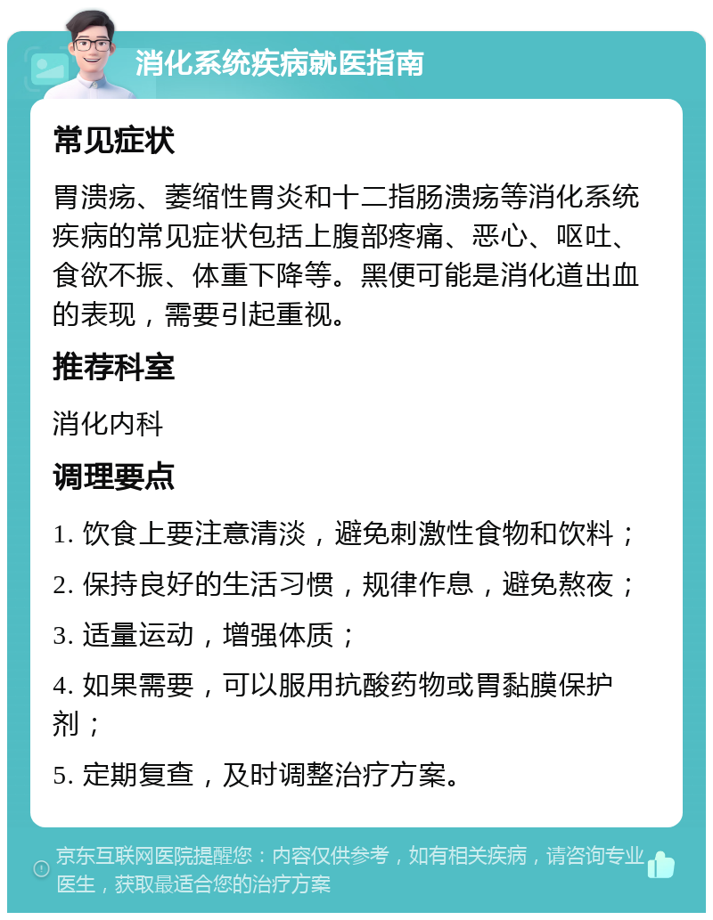 消化系统疾病就医指南 常见症状 胃溃疡、萎缩性胃炎和十二指肠溃疡等消化系统疾病的常见症状包括上腹部疼痛、恶心、呕吐、食欲不振、体重下降等。黑便可能是消化道出血的表现，需要引起重视。 推荐科室 消化内科 调理要点 1. 饮食上要注意清淡，避免刺激性食物和饮料； 2. 保持良好的生活习惯，规律作息，避免熬夜； 3. 适量运动，增强体质； 4. 如果需要，可以服用抗酸药物或胃黏膜保护剂； 5. 定期复查，及时调整治疗方案。