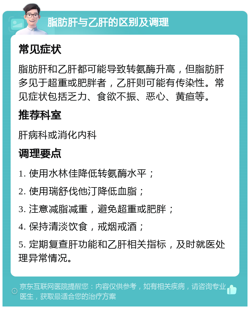 脂肪肝与乙肝的区别及调理 常见症状 脂肪肝和乙肝都可能导致转氨酶升高，但脂肪肝多见于超重或肥胖者，乙肝则可能有传染性。常见症状包括乏力、食欲不振、恶心、黄疸等。 推荐科室 肝病科或消化内科 调理要点 1. 使用水林佳降低转氨酶水平； 2. 使用瑞舒伐他汀降低血脂； 3. 注意减脂减重，避免超重或肥胖； 4. 保持清淡饮食，戒烟戒酒； 5. 定期复查肝功能和乙肝相关指标，及时就医处理异常情况。