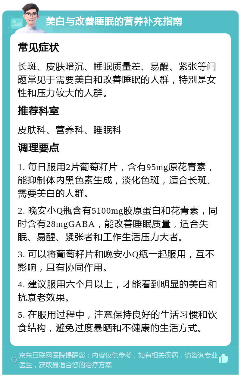 美白与改善睡眠的营养补充指南 常见症状 长斑、皮肤暗沉、睡眠质量差、易醒、紧张等问题常见于需要美白和改善睡眠的人群，特别是女性和压力较大的人群。 推荐科室 皮肤科、营养科、睡眠科 调理要点 1. 每日服用2片葡萄籽片，含有95mg原花青素，能抑制体内黑色素生成，淡化色斑，适合长斑、需要美白的人群。 2. 晚安小Q瓶含有5100mg胶原蛋白和花青素，同时含有28mgGABA，能改善睡眠质量，适合失眠、易醒、紧张者和工作生活压力大者。 3. 可以将葡萄籽片和晚安小Q瓶一起服用，互不影响，且有协同作用。 4. 建议服用六个月以上，才能看到明显的美白和抗衰老效果。 5. 在服用过程中，注意保持良好的生活习惯和饮食结构，避免过度暴晒和不健康的生活方式。