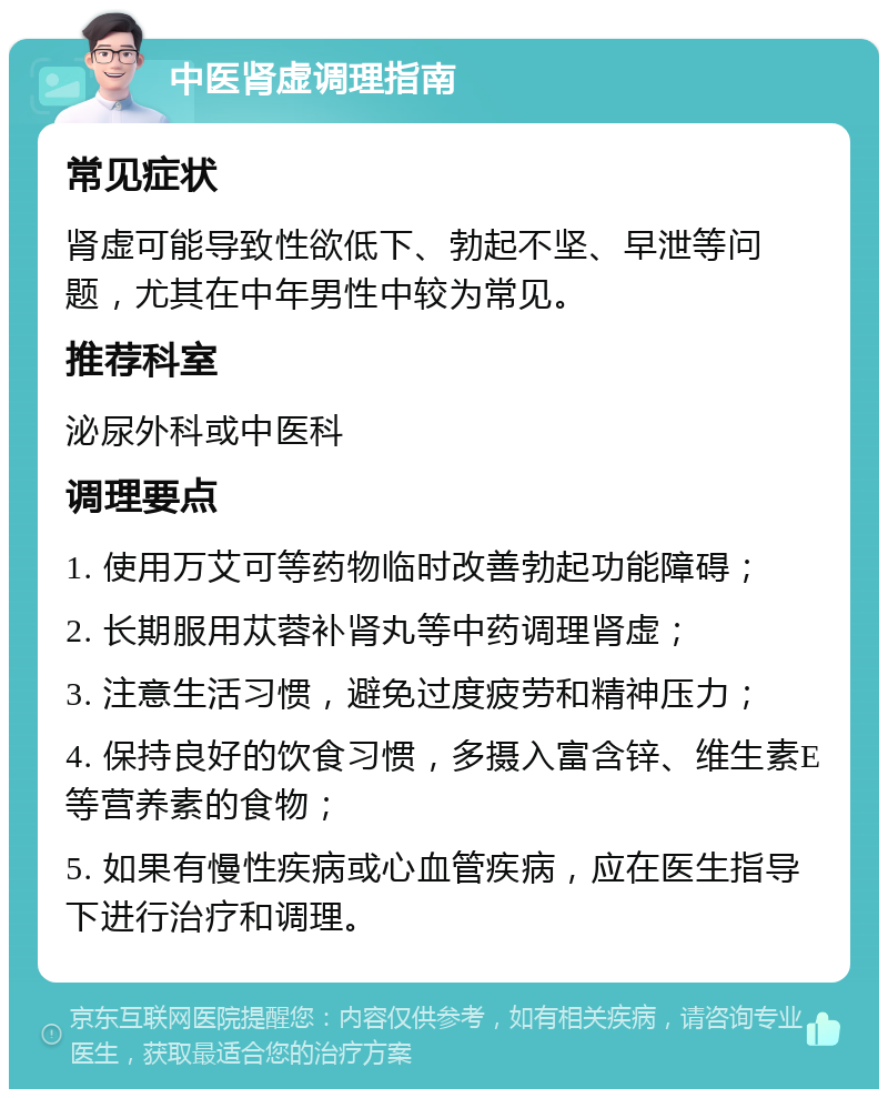 中医肾虚调理指南 常见症状 肾虚可能导致性欲低下、勃起不坚、早泄等问题，尤其在中年男性中较为常见。 推荐科室 泌尿外科或中医科 调理要点 1. 使用万艾可等药物临时改善勃起功能障碍； 2. 长期服用苁蓉补肾丸等中药调理肾虚； 3. 注意生活习惯，避免过度疲劳和精神压力； 4. 保持良好的饮食习惯，多摄入富含锌、维生素E等营养素的食物； 5. 如果有慢性疾病或心血管疾病，应在医生指导下进行治疗和调理。