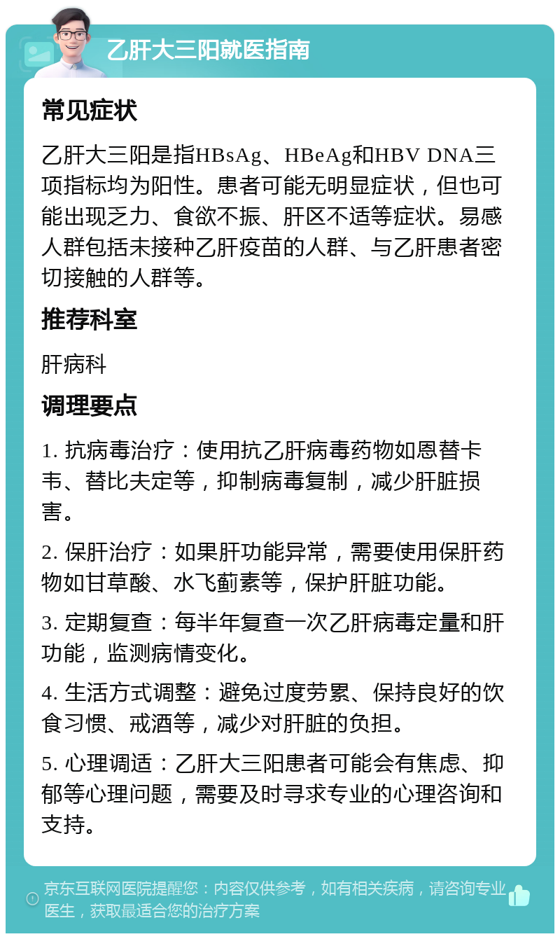 乙肝大三阳就医指南 常见症状 乙肝大三阳是指HBsAg、HBeAg和HBV DNA三项指标均为阳性。患者可能无明显症状，但也可能出现乏力、食欲不振、肝区不适等症状。易感人群包括未接种乙肝疫苗的人群、与乙肝患者密切接触的人群等。 推荐科室 肝病科 调理要点 1. 抗病毒治疗：使用抗乙肝病毒药物如恩替卡韦、替比夫定等，抑制病毒复制，减少肝脏损害。 2. 保肝治疗：如果肝功能异常，需要使用保肝药物如甘草酸、水飞蓟素等，保护肝脏功能。 3. 定期复查：每半年复查一次乙肝病毒定量和肝功能，监测病情变化。 4. 生活方式调整：避免过度劳累、保持良好的饮食习惯、戒酒等，减少对肝脏的负担。 5. 心理调适：乙肝大三阳患者可能会有焦虑、抑郁等心理问题，需要及时寻求专业的心理咨询和支持。