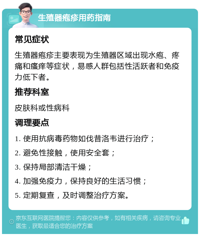 生殖器疱疹用药指南 常见症状 生殖器疱疹主要表现为生殖器区域出现水疱、疼痛和瘙痒等症状，易感人群包括性活跃者和免疫力低下者。 推荐科室 皮肤科或性病科 调理要点 1. 使用抗病毒药物如伐昔洛韦进行治疗； 2. 避免性接触，使用安全套； 3. 保持局部清洁干燥； 4. 加强免疫力，保持良好的生活习惯； 5. 定期复查，及时调整治疗方案。