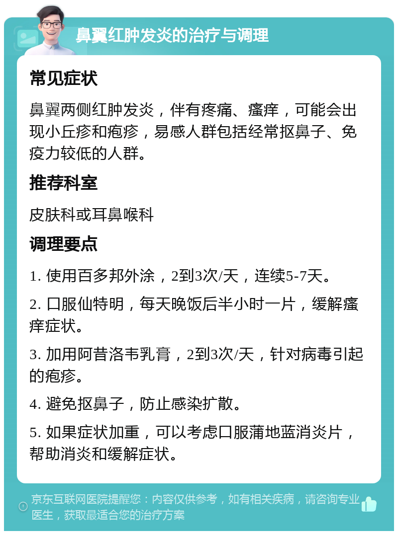 鼻翼红肿发炎的治疗与调理 常见症状 鼻翼两侧红肿发炎，伴有疼痛、瘙痒，可能会出现小丘疹和疱疹，易感人群包括经常抠鼻子、免疫力较低的人群。 推荐科室 皮肤科或耳鼻喉科 调理要点 1. 使用百多邦外涂，2到3次/天，连续5-7天。 2. 口服仙特明，每天晚饭后半小时一片，缓解瘙痒症状。 3. 加用阿昔洛韦乳膏，2到3次/天，针对病毒引起的疱疹。 4. 避免抠鼻子，防止感染扩散。 5. 如果症状加重，可以考虑口服蒲地蓝消炎片，帮助消炎和缓解症状。