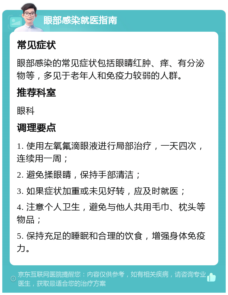 眼部感染就医指南 常见症状 眼部感染的常见症状包括眼睛红肿、痒、有分泌物等，多见于老年人和免疫力较弱的人群。 推荐科室 眼科 调理要点 1. 使用左氧氟滴眼液进行局部治疗，一天四次，连续用一周； 2. 避免揉眼睛，保持手部清洁； 3. 如果症状加重或未见好转，应及时就医； 4. 注意个人卫生，避免与他人共用毛巾、枕头等物品； 5. 保持充足的睡眠和合理的饮食，增强身体免疫力。