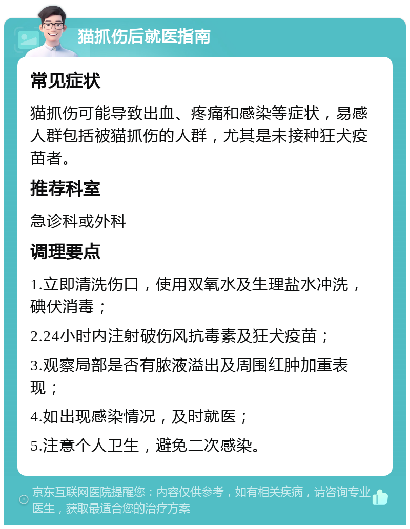 猫抓伤后就医指南 常见症状 猫抓伤可能导致出血、疼痛和感染等症状，易感人群包括被猫抓伤的人群，尤其是未接种狂犬疫苗者。 推荐科室 急诊科或外科 调理要点 1.立即清洗伤口，使用双氧水及生理盐水冲洗，碘伏消毒； 2.24小时内注射破伤风抗毒素及狂犬疫苗； 3.观察局部是否有脓液溢出及周围红肿加重表现； 4.如出现感染情况，及时就医； 5.注意个人卫生，避免二次感染。