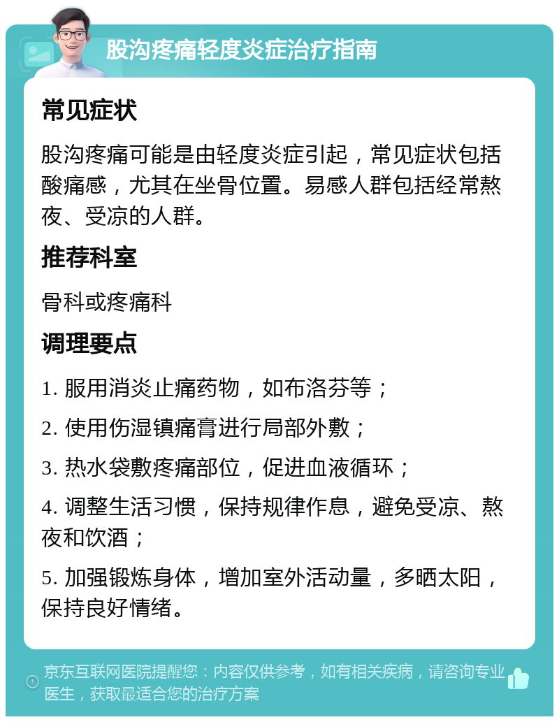 股沟疼痛轻度炎症治疗指南 常见症状 股沟疼痛可能是由轻度炎症引起，常见症状包括酸痛感，尤其在坐骨位置。易感人群包括经常熬夜、受凉的人群。 推荐科室 骨科或疼痛科 调理要点 1. 服用消炎止痛药物，如布洛芬等； 2. 使用伤湿镇痛膏进行局部外敷； 3. 热水袋敷疼痛部位，促进血液循环； 4. 调整生活习惯，保持规律作息，避免受凉、熬夜和饮酒； 5. 加强锻炼身体，增加室外活动量，多晒太阳，保持良好情绪。