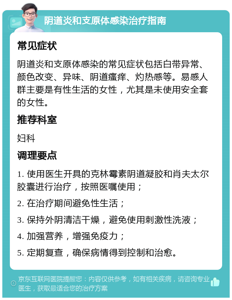 阴道炎和支原体感染治疗指南 常见症状 阴道炎和支原体感染的常见症状包括白带异常、颜色改变、异味、阴道瘙痒、灼热感等。易感人群主要是有性生活的女性，尤其是未使用安全套的女性。 推荐科室 妇科 调理要点 1. 使用医生开具的克林霉素阴道凝胶和肖夫太尔胶囊进行治疗，按照医嘱使用； 2. 在治疗期间避免性生活； 3. 保持外阴清洁干燥，避免使用刺激性洗液； 4. 加强营养，增强免疫力； 5. 定期复查，确保病情得到控制和治愈。