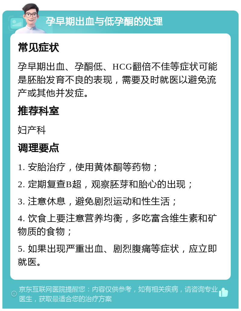 孕早期出血与低孕酮的处理 常见症状 孕早期出血、孕酮低、HCG翻倍不佳等症状可能是胚胎发育不良的表现，需要及时就医以避免流产或其他并发症。 推荐科室 妇产科 调理要点 1. 安胎治疗，使用黄体酮等药物； 2. 定期复查B超，观察胚芽和胎心的出现； 3. 注意休息，避免剧烈运动和性生活； 4. 饮食上要注意营养均衡，多吃富含维生素和矿物质的食物； 5. 如果出现严重出血、剧烈腹痛等症状，应立即就医。