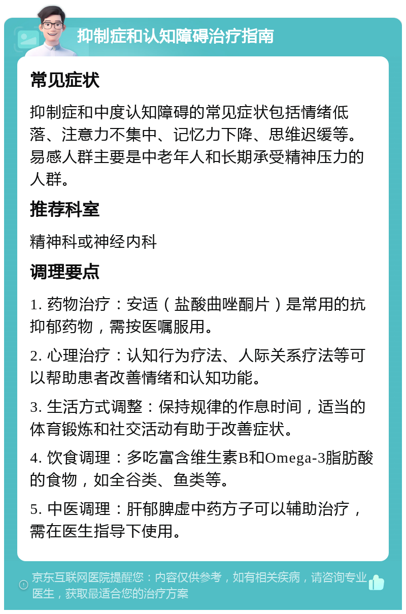 抑制症和认知障碍治疗指南 常见症状 抑制症和中度认知障碍的常见症状包括情绪低落、注意力不集中、记忆力下降、思维迟缓等。易感人群主要是中老年人和长期承受精神压力的人群。 推荐科室 精神科或神经内科 调理要点 1. 药物治疗：安适（盐酸曲唑酮片）是常用的抗抑郁药物，需按医嘱服用。 2. 心理治疗：认知行为疗法、人际关系疗法等可以帮助患者改善情绪和认知功能。 3. 生活方式调整：保持规律的作息时间，适当的体育锻炼和社交活动有助于改善症状。 4. 饮食调理：多吃富含维生素B和Omega-3脂肪酸的食物，如全谷类、鱼类等。 5. 中医调理：肝郁脾虚中药方子可以辅助治疗，需在医生指导下使用。