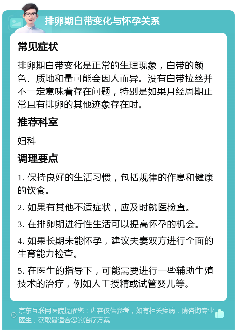 排卵期白带变化与怀孕关系 常见症状 排卵期白带变化是正常的生理现象，白带的颜色、质地和量可能会因人而异。没有白带拉丝并不一定意味着存在问题，特别是如果月经周期正常且有排卵的其他迹象存在时。 推荐科室 妇科 调理要点 1. 保持良好的生活习惯，包括规律的作息和健康的饮食。 2. 如果有其他不适症状，应及时就医检查。 3. 在排卵期进行性生活可以提高怀孕的机会。 4. 如果长期未能怀孕，建议夫妻双方进行全面的生育能力检查。 5. 在医生的指导下，可能需要进行一些辅助生殖技术的治疗，例如人工授精或试管婴儿等。