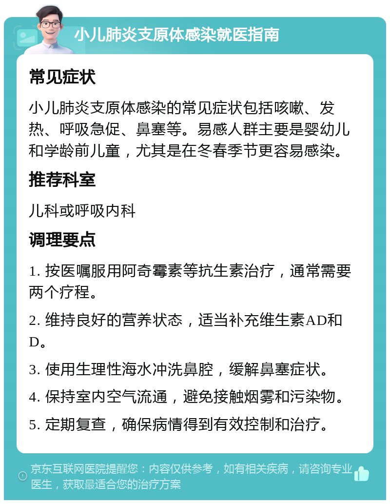 小儿肺炎支原体感染就医指南 常见症状 小儿肺炎支原体感染的常见症状包括咳嗽、发热、呼吸急促、鼻塞等。易感人群主要是婴幼儿和学龄前儿童，尤其是在冬春季节更容易感染。 推荐科室 儿科或呼吸内科 调理要点 1. 按医嘱服用阿奇霉素等抗生素治疗，通常需要两个疗程。 2. 维持良好的营养状态，适当补充维生素AD和D。 3. 使用生理性海水冲洗鼻腔，缓解鼻塞症状。 4. 保持室内空气流通，避免接触烟雾和污染物。 5. 定期复查，确保病情得到有效控制和治疗。