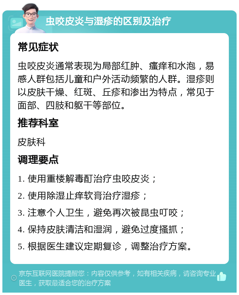 虫咬皮炎与湿疹的区别及治疗 常见症状 虫咬皮炎通常表现为局部红肿、瘙痒和水泡，易感人群包括儿童和户外活动频繁的人群。湿疹则以皮肤干燥、红斑、丘疹和渗出为特点，常见于面部、四肢和躯干等部位。 推荐科室 皮肤科 调理要点 1. 使用重楼解毒酊治疗虫咬皮炎； 2. 使用除湿止痒软膏治疗湿疹； 3. 注意个人卫生，避免再次被昆虫叮咬； 4. 保持皮肤清洁和湿润，避免过度搔抓； 5. 根据医生建议定期复诊，调整治疗方案。