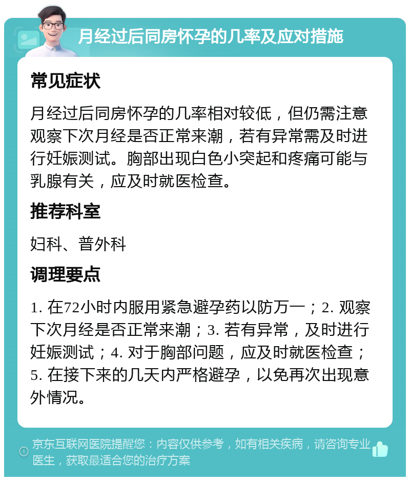 月经过后同房怀孕的几率及应对措施 常见症状 月经过后同房怀孕的几率相对较低，但仍需注意观察下次月经是否正常来潮，若有异常需及时进行妊娠测试。胸部出现白色小突起和疼痛可能与乳腺有关，应及时就医检查。 推荐科室 妇科、普外科 调理要点 1. 在72小时内服用紧急避孕药以防万一；2. 观察下次月经是否正常来潮；3. 若有异常，及时进行妊娠测试；4. 对于胸部问题，应及时就医检查；5. 在接下来的几天内严格避孕，以免再次出现意外情况。