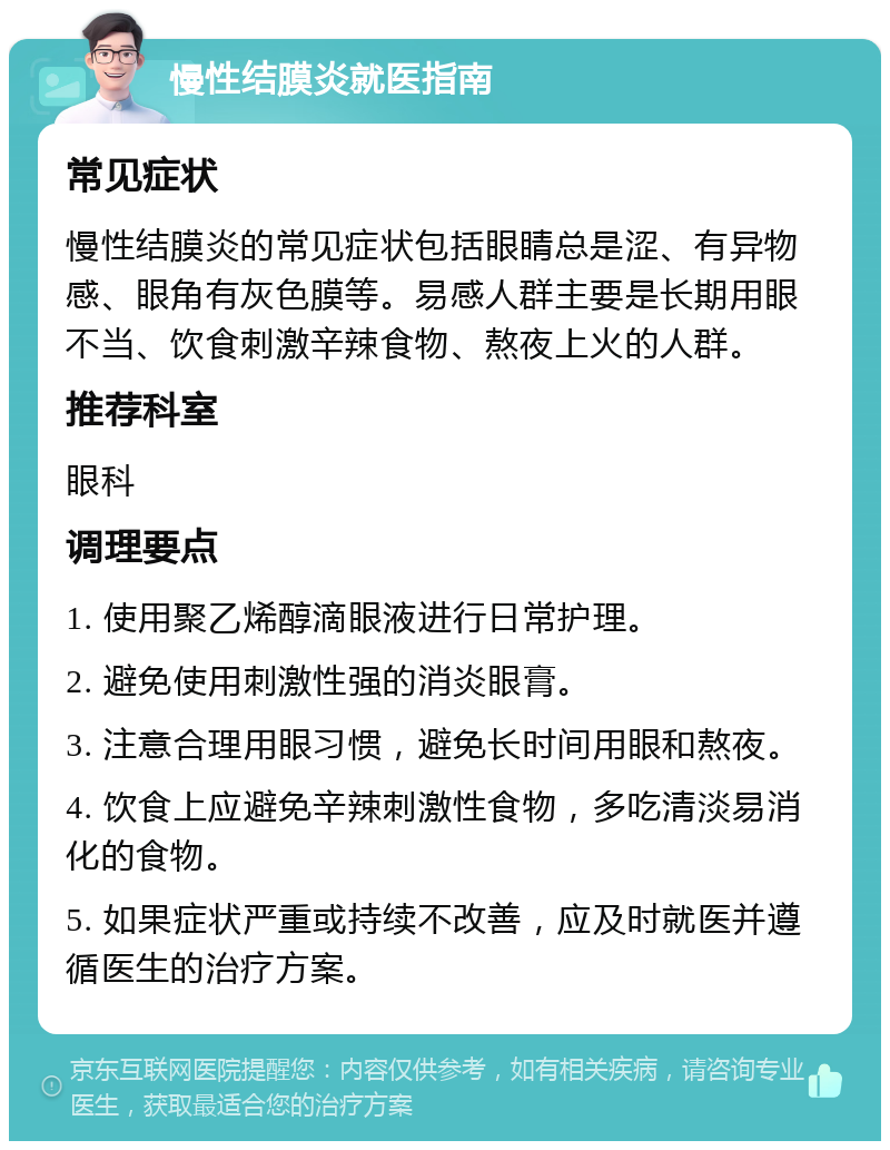 慢性结膜炎就医指南 常见症状 慢性结膜炎的常见症状包括眼睛总是涩、有异物感、眼角有灰色膜等。易感人群主要是长期用眼不当、饮食刺激辛辣食物、熬夜上火的人群。 推荐科室 眼科 调理要点 1. 使用聚乙烯醇滴眼液进行日常护理。 2. 避免使用刺激性强的消炎眼膏。 3. 注意合理用眼习惯，避免长时间用眼和熬夜。 4. 饮食上应避免辛辣刺激性食物，多吃清淡易消化的食物。 5. 如果症状严重或持续不改善，应及时就医并遵循医生的治疗方案。