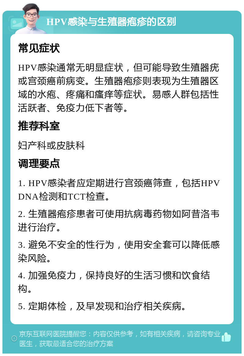 HPV感染与生殖器疱疹的区别 常见症状 HPV感染通常无明显症状，但可能导致生殖器疣或宫颈癌前病变。生殖器疱疹则表现为生殖器区域的水疱、疼痛和瘙痒等症状。易感人群包括性活跃者、免疫力低下者等。 推荐科室 妇产科或皮肤科 调理要点 1. HPV感染者应定期进行宫颈癌筛查，包括HPV DNA检测和TCT检查。 2. 生殖器疱疹患者可使用抗病毒药物如阿昔洛韦进行治疗。 3. 避免不安全的性行为，使用安全套可以降低感染风险。 4. 加强免疫力，保持良好的生活习惯和饮食结构。 5. 定期体检，及早发现和治疗相关疾病。