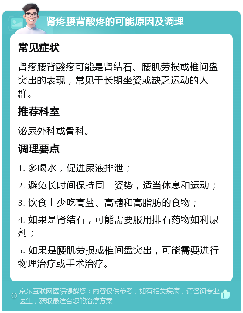 肾疼腰背酸疼的可能原因及调理 常见症状 肾疼腰背酸疼可能是肾结石、腰肌劳损或椎间盘突出的表现，常见于长期坐姿或缺乏运动的人群。 推荐科室 泌尿外科或骨科。 调理要点 1. 多喝水，促进尿液排泄； 2. 避免长时间保持同一姿势，适当休息和运动； 3. 饮食上少吃高盐、高糖和高脂肪的食物； 4. 如果是肾结石，可能需要服用排石药物如利尿剂； 5. 如果是腰肌劳损或椎间盘突出，可能需要进行物理治疗或手术治疗。