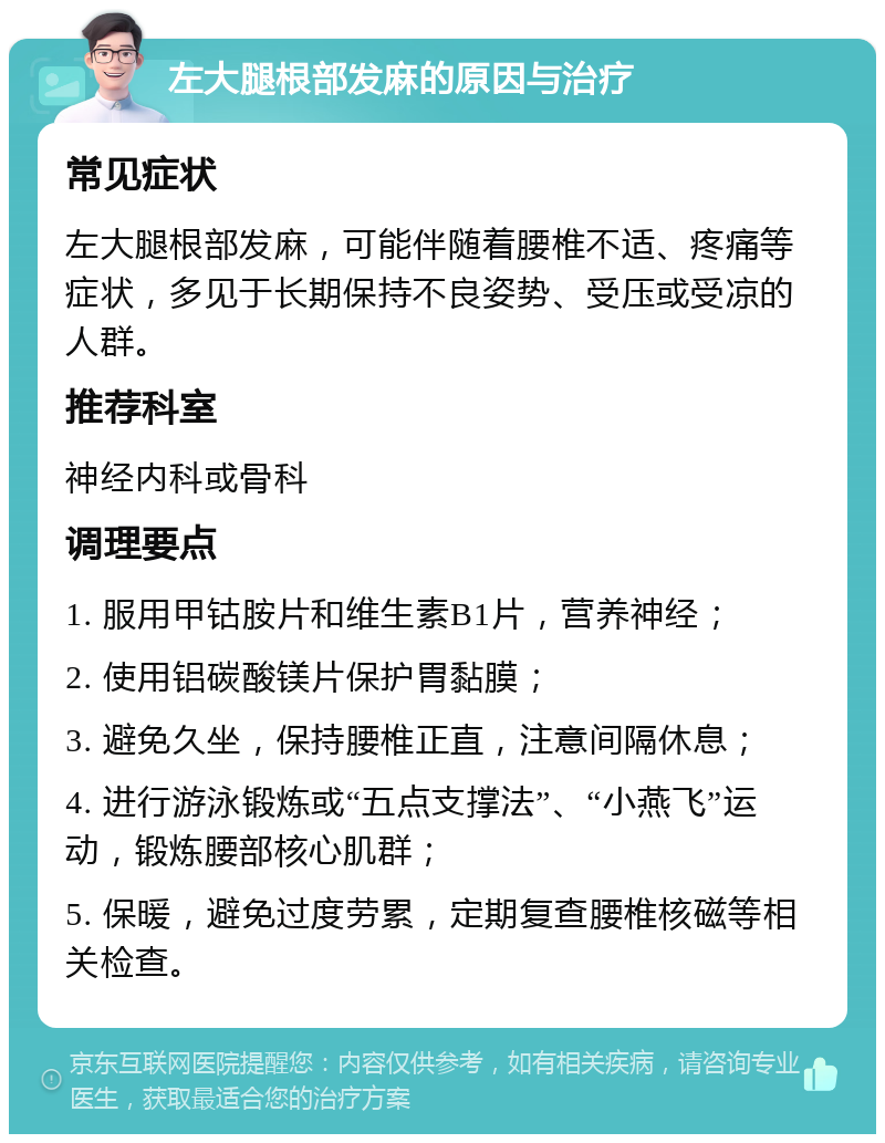 左大腿根部发麻的原因与治疗 常见症状 左大腿根部发麻，可能伴随着腰椎不适、疼痛等症状，多见于长期保持不良姿势、受压或受凉的人群。 推荐科室 神经内科或骨科 调理要点 1. 服用甲钴胺片和维生素B1片，营养神经； 2. 使用铝碳酸镁片保护胃黏膜； 3. 避免久坐，保持腰椎正直，注意间隔休息； 4. 进行游泳锻炼或“五点支撑法”、“小燕飞”运动，锻炼腰部核心肌群； 5. 保暖，避免过度劳累，定期复查腰椎核磁等相关检查。