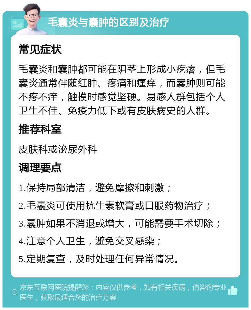 毛囊炎与囊肿的区别及治疗 常见症状 毛囊炎和囊肿都可能在阴茎上形成小疙瘩，但毛囊炎通常伴随红肿、疼痛和瘙痒，而囊肿则可能不疼不痒，触摸时感觉坚硬。易感人群包括个人卫生不佳、免疫力低下或有皮肤病史的人群。 推荐科室 皮肤科或泌尿外科 调理要点 1.保持局部清洁，避免摩擦和刺激； 2.毛囊炎可使用抗生素软膏或口服药物治疗； 3.囊肿如果不消退或增大，可能需要手术切除； 4.注意个人卫生，避免交叉感染； 5.定期复查，及时处理任何异常情况。