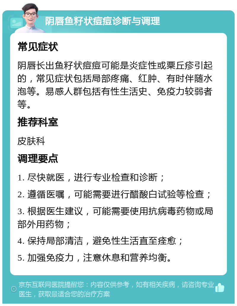 阴唇鱼籽状痘痘诊断与调理 常见症状 阴唇长出鱼籽状痘痘可能是炎症性或粟丘疹引起的，常见症状包括局部疼痛、红肿、有时伴随水泡等。易感人群包括有性生活史、免疫力较弱者等。 推荐科室 皮肤科 调理要点 1. 尽快就医，进行专业检查和诊断； 2. 遵循医嘱，可能需要进行醋酸白试验等检查； 3. 根据医生建议，可能需要使用抗病毒药物或局部外用药物； 4. 保持局部清洁，避免性生活直至痊愈； 5. 加强免疫力，注意休息和营养均衡。