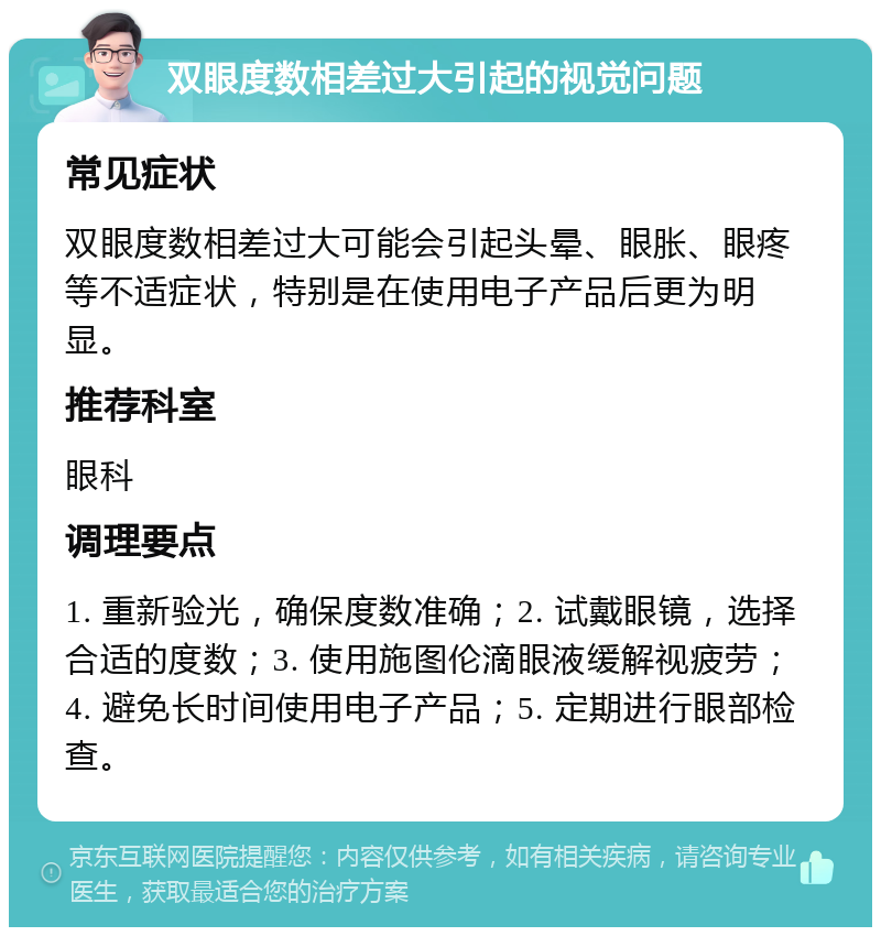 双眼度数相差过大引起的视觉问题 常见症状 双眼度数相差过大可能会引起头晕、眼胀、眼疼等不适症状，特别是在使用电子产品后更为明显。 推荐科室 眼科 调理要点 1. 重新验光，确保度数准确；2. 试戴眼镜，选择合适的度数；3. 使用施图伦滴眼液缓解视疲劳；4. 避免长时间使用电子产品；5. 定期进行眼部检查。