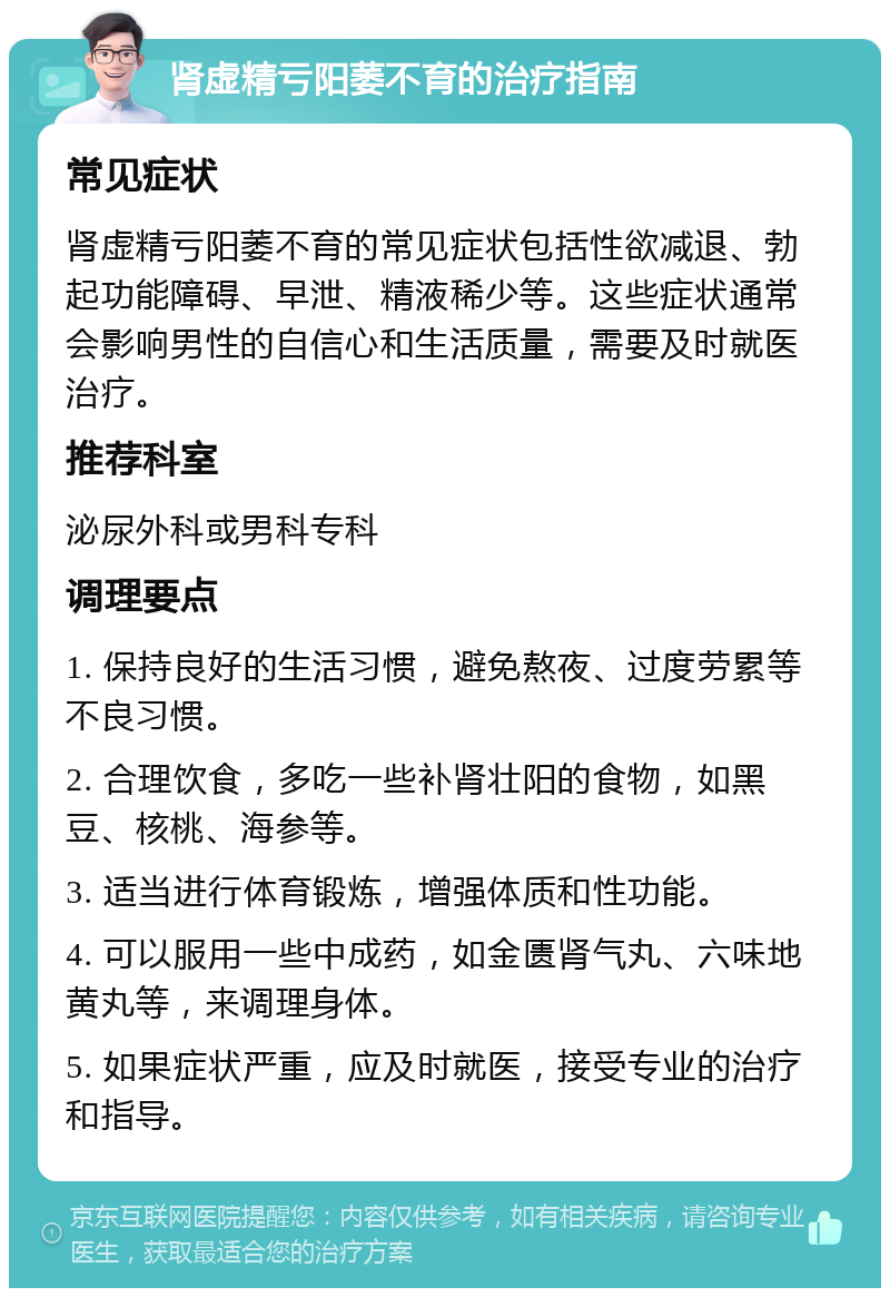 肾虚精亏阳萎不育的治疗指南 常见症状 肾虚精亏阳萎不育的常见症状包括性欲减退、勃起功能障碍、早泄、精液稀少等。这些症状通常会影响男性的自信心和生活质量，需要及时就医治疗。 推荐科室 泌尿外科或男科专科 调理要点 1. 保持良好的生活习惯，避免熬夜、过度劳累等不良习惯。 2. 合理饮食，多吃一些补肾壮阳的食物，如黑豆、核桃、海参等。 3. 适当进行体育锻炼，增强体质和性功能。 4. 可以服用一些中成药，如金匮肾气丸、六味地黄丸等，来调理身体。 5. 如果症状严重，应及时就医，接受专业的治疗和指导。