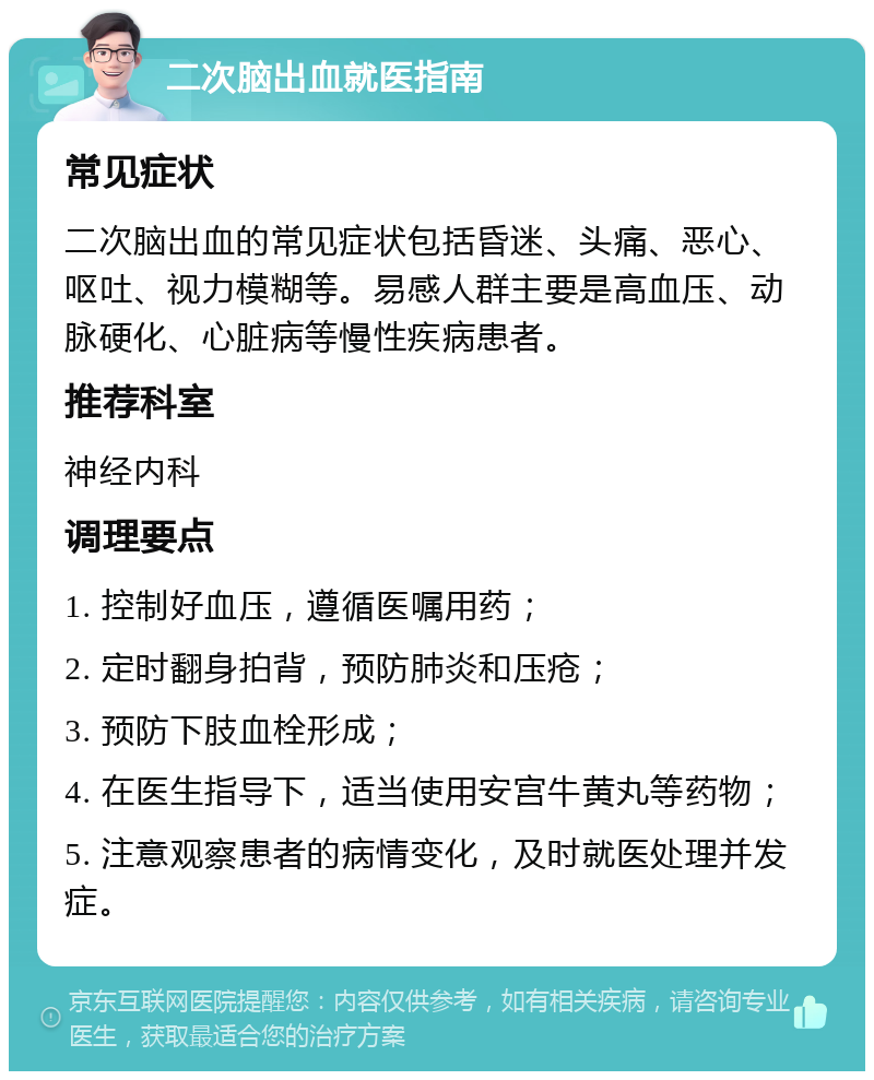 二次脑出血就医指南 常见症状 二次脑出血的常见症状包括昏迷、头痛、恶心、呕吐、视力模糊等。易感人群主要是高血压、动脉硬化、心脏病等慢性疾病患者。 推荐科室 神经内科 调理要点 1. 控制好血压，遵循医嘱用药； 2. 定时翻身拍背，预防肺炎和压疮； 3. 预防下肢血栓形成； 4. 在医生指导下，适当使用安宫牛黄丸等药物； 5. 注意观察患者的病情变化，及时就医处理并发症。