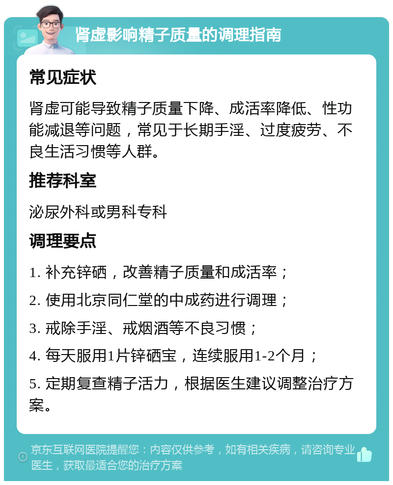 肾虚影响精子质量的调理指南 常见症状 肾虚可能导致精子质量下降、成活率降低、性功能减退等问题，常见于长期手淫、过度疲劳、不良生活习惯等人群。 推荐科室 泌尿外科或男科专科 调理要点 1. 补充锌硒，改善精子质量和成活率； 2. 使用北京同仁堂的中成药进行调理； 3. 戒除手淫、戒烟酒等不良习惯； 4. 每天服用1片锌硒宝，连续服用1-2个月； 5. 定期复查精子活力，根据医生建议调整治疗方案。