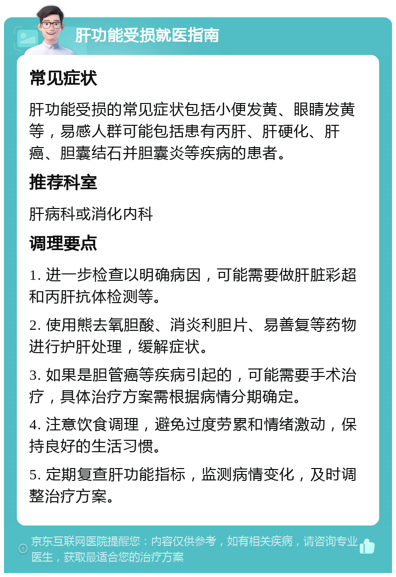 肝功能受损就医指南 常见症状 肝功能受损的常见症状包括小便发黄、眼睛发黄等，易感人群可能包括患有丙肝、肝硬化、肝癌、胆囊结石并胆囊炎等疾病的患者。 推荐科室 肝病科或消化内科 调理要点 1. 进一步检查以明确病因，可能需要做肝脏彩超和丙肝抗体检测等。 2. 使用熊去氧胆酸、消炎利胆片、易善复等药物进行护肝处理，缓解症状。 3. 如果是胆管癌等疾病引起的，可能需要手术治疗，具体治疗方案需根据病情分期确定。 4. 注意饮食调理，避免过度劳累和情绪激动，保持良好的生活习惯。 5. 定期复查肝功能指标，监测病情变化，及时调整治疗方案。