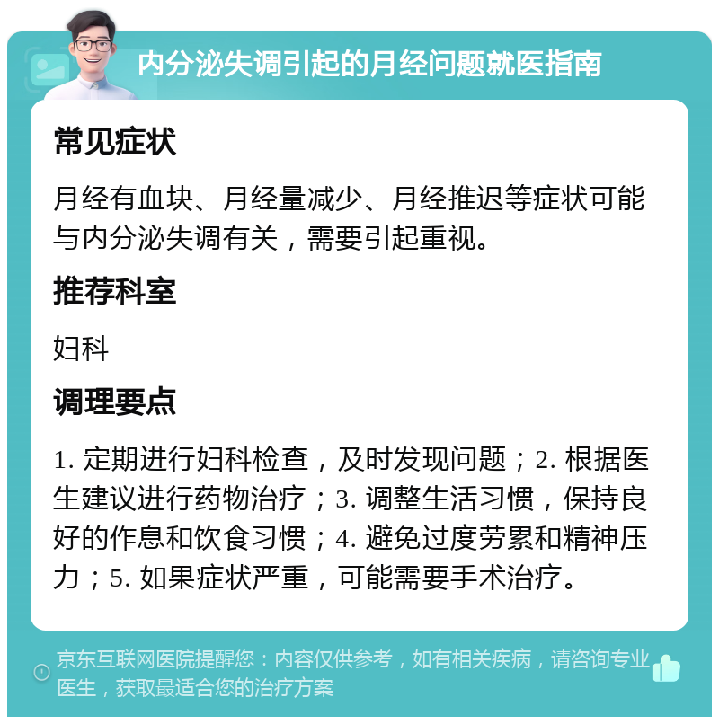 内分泌失调引起的月经问题就医指南 常见症状 月经有血块、月经量减少、月经推迟等症状可能与内分泌失调有关，需要引起重视。 推荐科室 妇科 调理要点 1. 定期进行妇科检查，及时发现问题；2. 根据医生建议进行药物治疗；3. 调整生活习惯，保持良好的作息和饮食习惯；4. 避免过度劳累和精神压力；5. 如果症状严重，可能需要手术治疗。