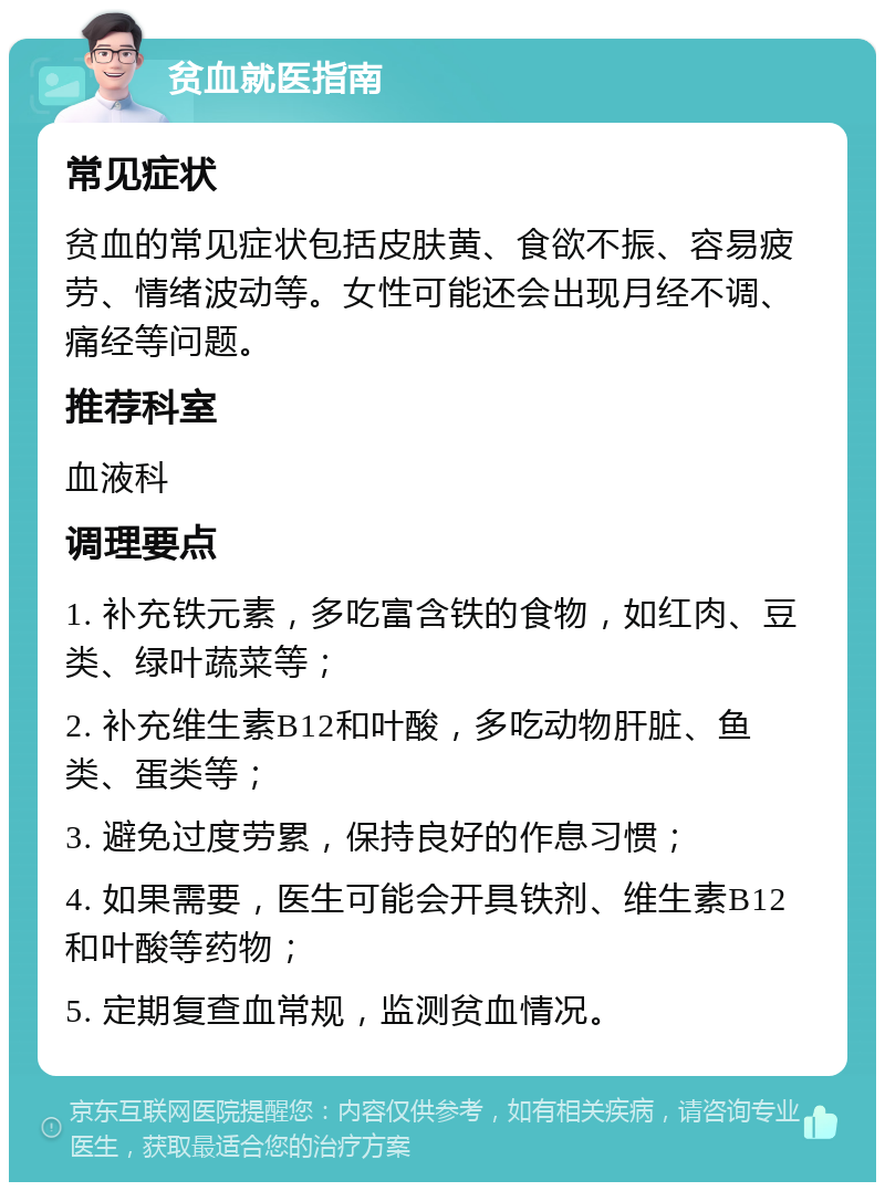 贫血就医指南 常见症状 贫血的常见症状包括皮肤黄、食欲不振、容易疲劳、情绪波动等。女性可能还会出现月经不调、痛经等问题。 推荐科室 血液科 调理要点 1. 补充铁元素，多吃富含铁的食物，如红肉、豆类、绿叶蔬菜等； 2. 补充维生素B12和叶酸，多吃动物肝脏、鱼类、蛋类等； 3. 避免过度劳累，保持良好的作息习惯； 4. 如果需要，医生可能会开具铁剂、维生素B12和叶酸等药物； 5. 定期复查血常规，监测贫血情况。