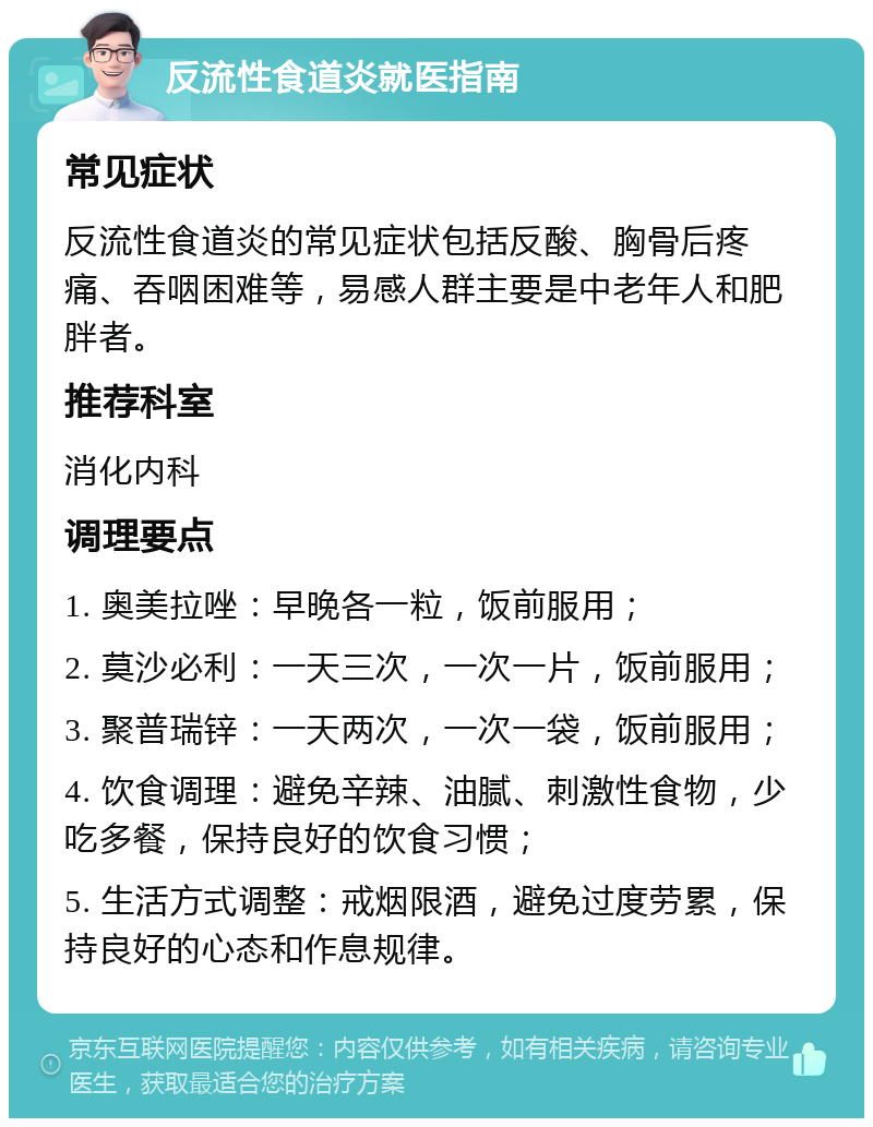 反流性食道炎就医指南 常见症状 反流性食道炎的常见症状包括反酸、胸骨后疼痛、吞咽困难等，易感人群主要是中老年人和肥胖者。 推荐科室 消化内科 调理要点 1. 奥美拉唑：早晚各一粒，饭前服用； 2. 莫沙必利：一天三次，一次一片，饭前服用； 3. 聚普瑞锌：一天两次，一次一袋，饭前服用； 4. 饮食调理：避免辛辣、油腻、刺激性食物，少吃多餐，保持良好的饮食习惯； 5. 生活方式调整：戒烟限酒，避免过度劳累，保持良好的心态和作息规律。