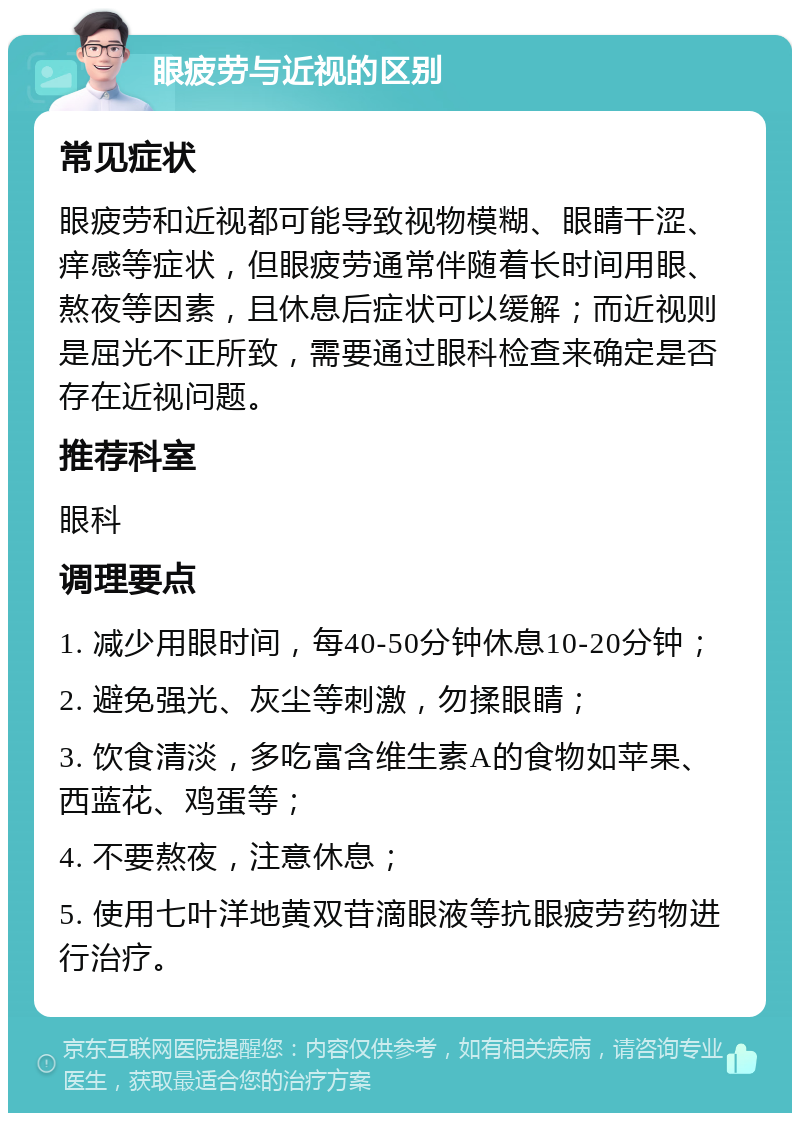 眼疲劳与近视的区别 常见症状 眼疲劳和近视都可能导致视物模糊、眼睛干涩、痒感等症状，但眼疲劳通常伴随着长时间用眼、熬夜等因素，且休息后症状可以缓解；而近视则是屈光不正所致，需要通过眼科检查来确定是否存在近视问题。 推荐科室 眼科 调理要点 1. 减少用眼时间，每40-50分钟休息10-20分钟； 2. 避免强光、灰尘等刺激，勿揉眼睛； 3. 饮食清淡，多吃富含维生素A的食物如苹果、西蓝花、鸡蛋等； 4. 不要熬夜，注意休息； 5. 使用七叶洋地黄双苷滴眼液等抗眼疲劳药物进行治疗。