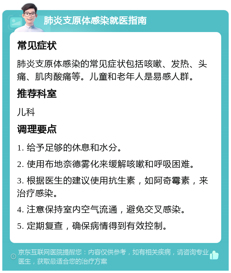 肺炎支原体感染就医指南 常见症状 肺炎支原体感染的常见症状包括咳嗽、发热、头痛、肌肉酸痛等。儿童和老年人是易感人群。 推荐科室 儿科 调理要点 1. 给予足够的休息和水分。 2. 使用布地奈德雾化来缓解咳嗽和呼吸困难。 3. 根据医生的建议使用抗生素，如阿奇霉素，来治疗感染。 4. 注意保持室内空气流通，避免交叉感染。 5. 定期复查，确保病情得到有效控制。