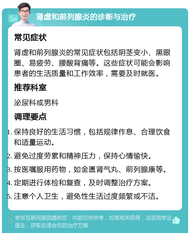 肾虚和前列腺炎的诊断与治疗 常见症状 肾虚和前列腺炎的常见症状包括阴茎变小、黑眼圈、易疲劳、腰酸背痛等。这些症状可能会影响患者的生活质量和工作效率，需要及时就医。 推荐科室 泌尿科或男科 调理要点 保持良好的生活习惯，包括规律作息、合理饮食和适量运动。 避免过度劳累和精神压力，保持心情愉快。 按医嘱服用药物，如金匮肾气丸、前列腺康等。 定期进行体检和复查，及时调整治疗方案。 注意个人卫生，避免性生活过度频繁或不洁。