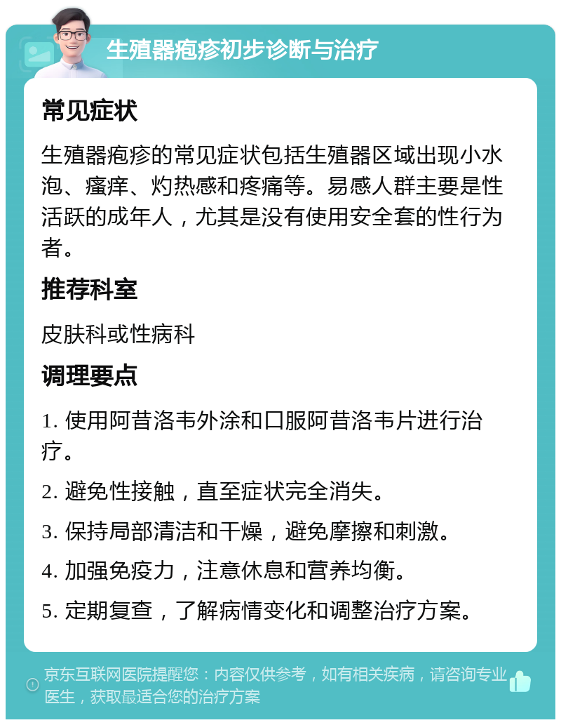 生殖器疱疹初步诊断与治疗 常见症状 生殖器疱疹的常见症状包括生殖器区域出现小水泡、瘙痒、灼热感和疼痛等。易感人群主要是性活跃的成年人，尤其是没有使用安全套的性行为者。 推荐科室 皮肤科或性病科 调理要点 1. 使用阿昔洛韦外涂和口服阿昔洛韦片进行治疗。 2. 避免性接触，直至症状完全消失。 3. 保持局部清洁和干燥，避免摩擦和刺激。 4. 加强免疫力，注意休息和营养均衡。 5. 定期复查，了解病情变化和调整治疗方案。