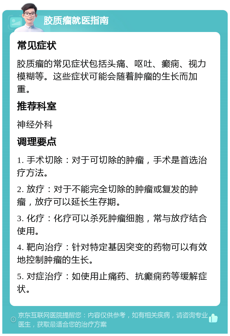 胶质瘤就医指南 常见症状 胶质瘤的常见症状包括头痛、呕吐、癫痫、视力模糊等。这些症状可能会随着肿瘤的生长而加重。 推荐科室 神经外科 调理要点 1. 手术切除：对于可切除的肿瘤，手术是首选治疗方法。 2. 放疗：对于不能完全切除的肿瘤或复发的肿瘤，放疗可以延长生存期。 3. 化疗：化疗可以杀死肿瘤细胞，常与放疗结合使用。 4. 靶向治疗：针对特定基因突变的药物可以有效地控制肿瘤的生长。 5. 对症治疗：如使用止痛药、抗癫痫药等缓解症状。