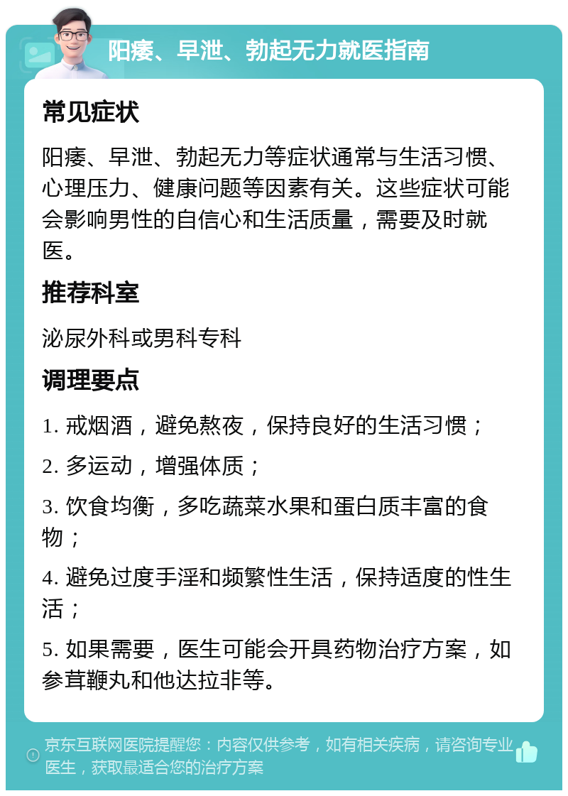 阳痿、早泄、勃起无力就医指南 常见症状 阳痿、早泄、勃起无力等症状通常与生活习惯、心理压力、健康问题等因素有关。这些症状可能会影响男性的自信心和生活质量，需要及时就医。 推荐科室 泌尿外科或男科专科 调理要点 1. 戒烟酒，避免熬夜，保持良好的生活习惯； 2. 多运动，增强体质； 3. 饮食均衡，多吃蔬菜水果和蛋白质丰富的食物； 4. 避免过度手淫和频繁性生活，保持适度的性生活； 5. 如果需要，医生可能会开具药物治疗方案，如参茸鞭丸和他达拉非等。